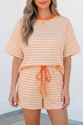 Pink Stripe Contrast Neck Loose Tee and Drawstring Shorts Set