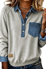 Gray Denim Collar Patchwork Long Sleeve Pullover Top