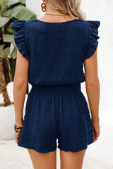 Fiery Red Textured Square Neck Top and Shirred High Waist Shorts Set