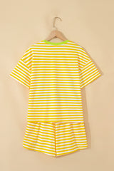 Pink Stripe Contrast Neck Loose Tee and Drawstring Shorts Set