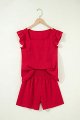 Fiery Red Textured Square Neck Top and Shirred High Waist Shorts Set