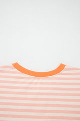 Pink Stripe Contrast Neck Loose Tee and Drawstring Shorts Set